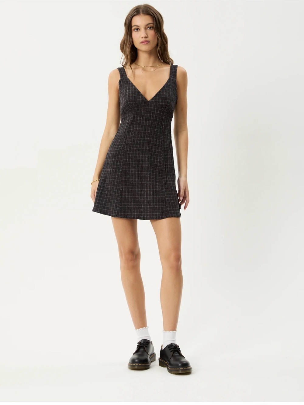Afends Black Plaid V-Neck Mini Dress